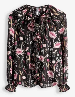 Bluse - Volants - schwarz
