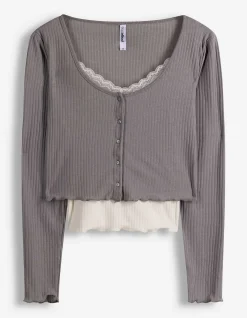 Langarmshirt - Double-Layer-Look - grau