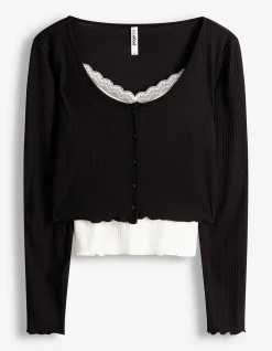 Langarmshirt - Double-Layer-Look - schwarz