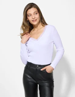 Langarmshirt - Spitzenbesatz - weiß
