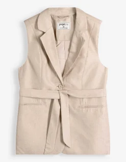 Lange Weste - Bindegürtel - beige