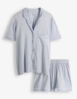 Pyjama Set aus Shirt und Shorts - einfarbig - hellblau