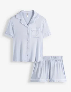 Pyjama Set aus Shirt und Shorts - Viskose-Mix - hellblau