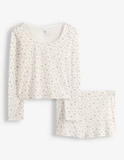 Pyjama Set aus Shirt und Shorts - Allover-Muster - weiß