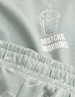 Pyjama Set aus Shirt und Shorts - Allover-Print - türkis