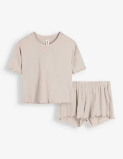 Pyjama Set aus Shirt und Shorts - einfarbig - beige