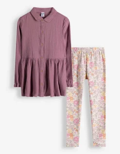 Set aus Kleid und Leggings - Musselin - dunkellila