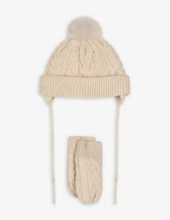 Set aus Mütze und Handschuhe - Zopfstrick - beige