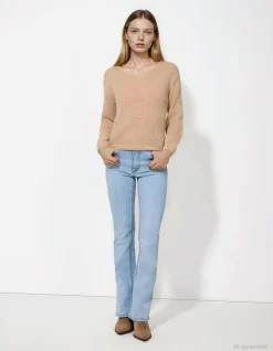 Strickpullover - V-Ausschnitt - beige